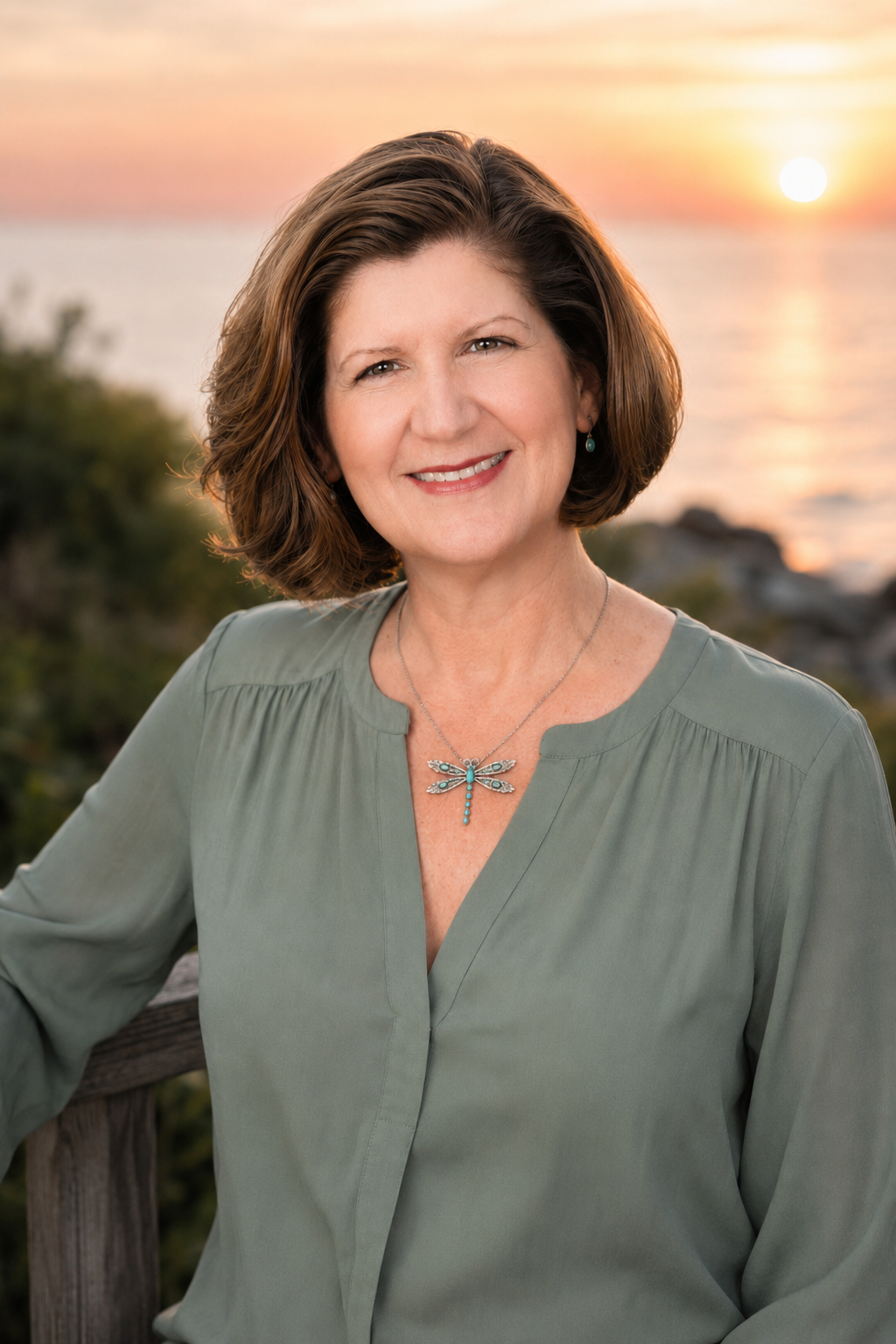 Maureen Jesuthasan wearing a sage green blouse and dragonfly necklace
